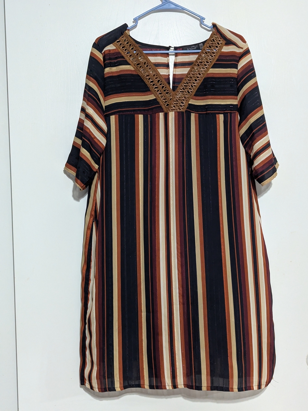 Crochet-Trim Striped Midi Dress in Black and Brown